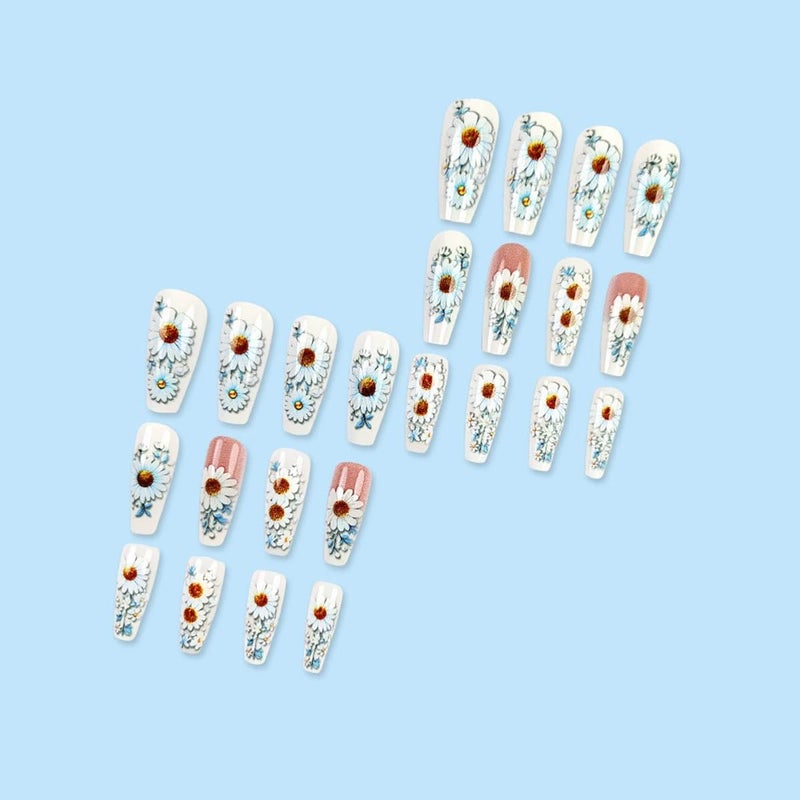 juggssa Spring Flower Press on Nails Long Coffin Fake Nails with Daisy Designs Spring Summer Glue on Nails Glossy Flower Acrylic Nails Full Cover False Nails with Glue Reusable Stick on Nails for Women 24PCS - Image 2